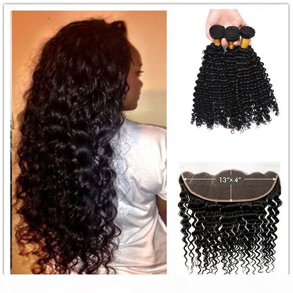 

7a virgin indian deep curly hair with frontal closure 3 bundles ear to ear lace frontal with baby hair and bundles fast deals, Black;brown
