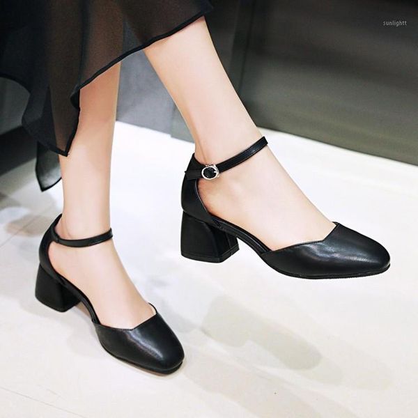 

dress shoes oversized 12 high heels sandals women woman summer ladies shallow thick-heeled with buckle and square head1, Black