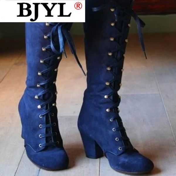 

new women platform thigh high boots ladies lace up square high heel mid calf boots female flock ride long plus size shoes, Black