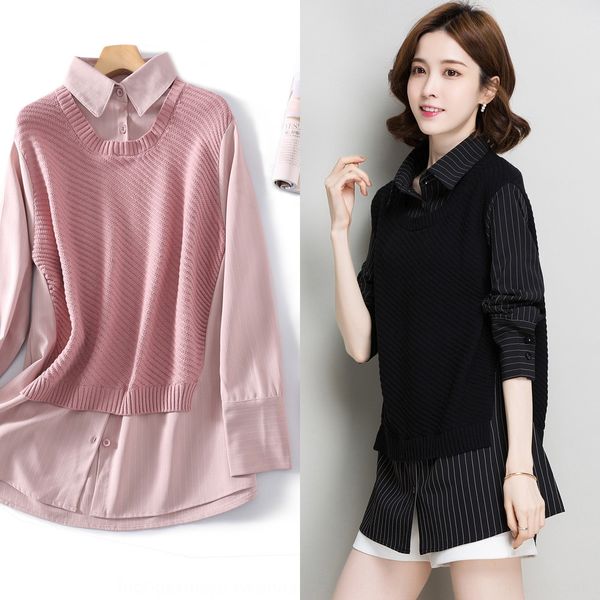 

поддельные две части пружинного женской одежды новый 2020 сращивания top с пуловеры пуловеры underpants нижний слой и отворот свитер для жен, White;black