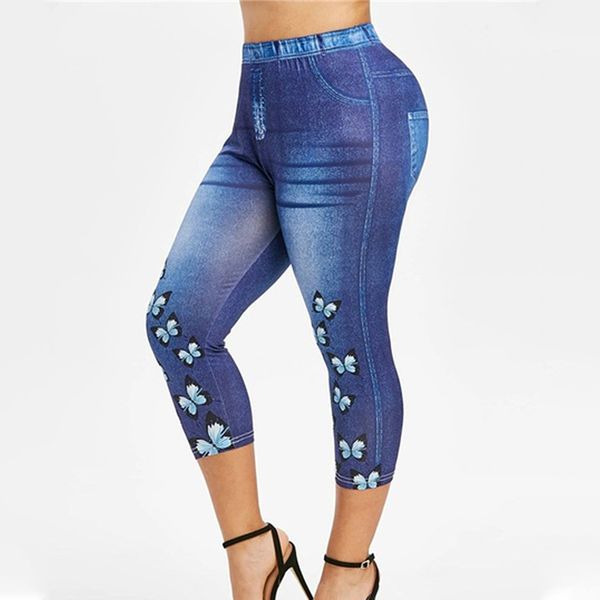 

women mid-calf leggings imitate jeans printed stretch sports pants fitness high waist leggings ladies sweatpants trousers, Black