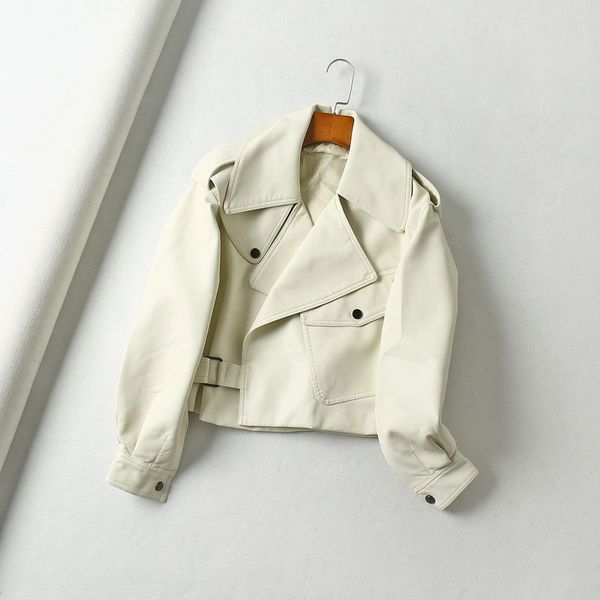 

2021 new high-quality spring women jacket from false rider neck high turndown street leather jackets outerwear 4v38, Black