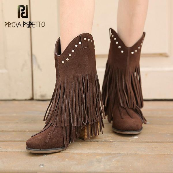 

prova perfetto hand-made cow suede lady's short boots fashion rivet fringe classics solid color high heels slip-on women's boots, Black