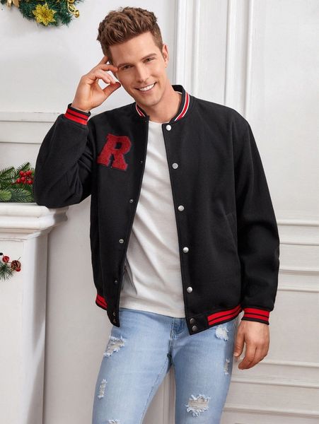 

men letter patched striped trim wool-mix bomber jacket t1v7#, Black;brown