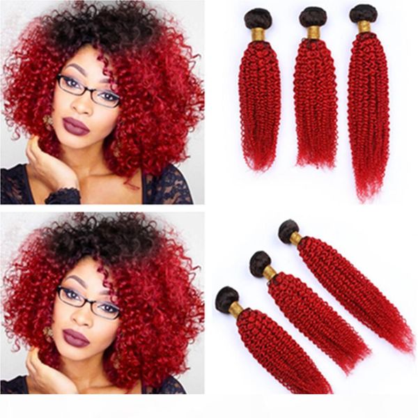 

#1b red ombre kinky curly brazilian human hair weave bundles 3pcs 300g red ombre kinky curly human hair extensions double weft 10-30, Black