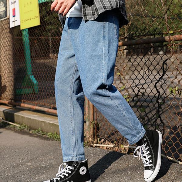 

men's jeans jiubl summer fashion men retro blue solid loose harem pants streetwear vintage japanese style classical taper