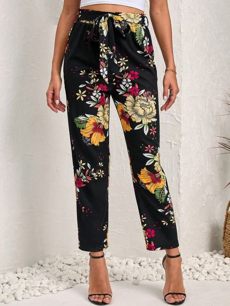 

floral print belted pants l0pa#, Black;white