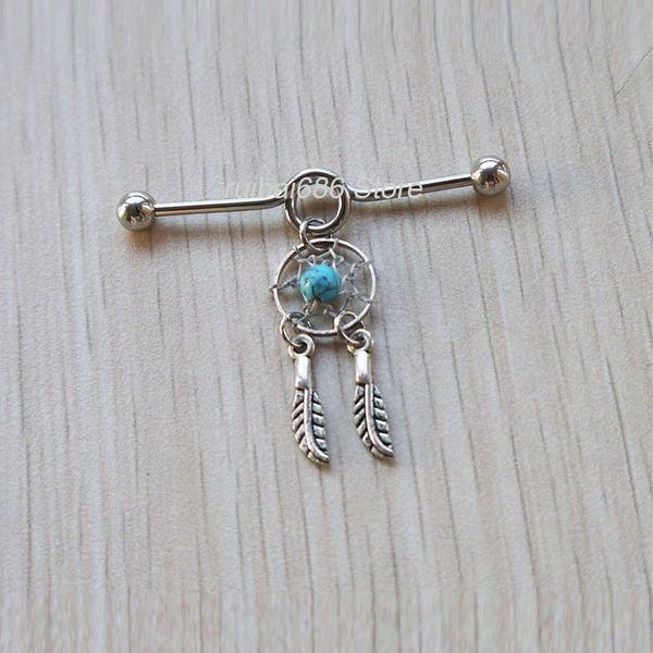 

2pcs dreamcatcher barbell 14g earring, industrial piercing barbell dream catcher charm dangle beaded dreamcatcher t200507, Slivery;golden