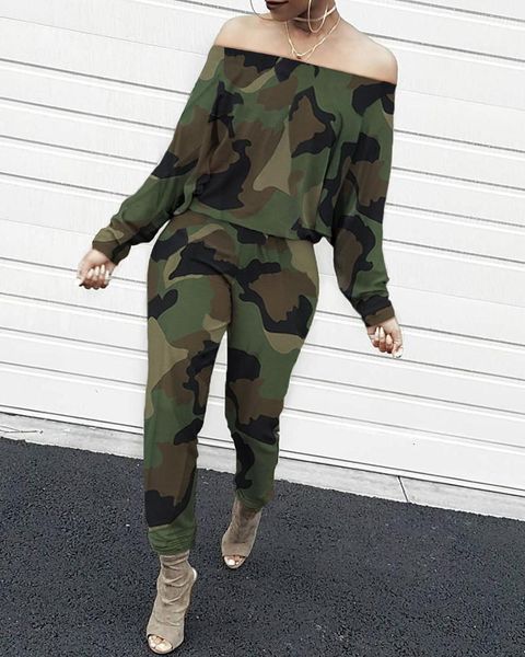 

off shoulder camouflage long sleeve jumpsuit1, Black;white