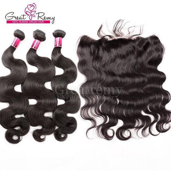 

greatremy 8а бразильский body wave 3 пачки с кружевом фронтальная 13x4 объемная волна от уха до уха кружева фронтальная закрытие, Black