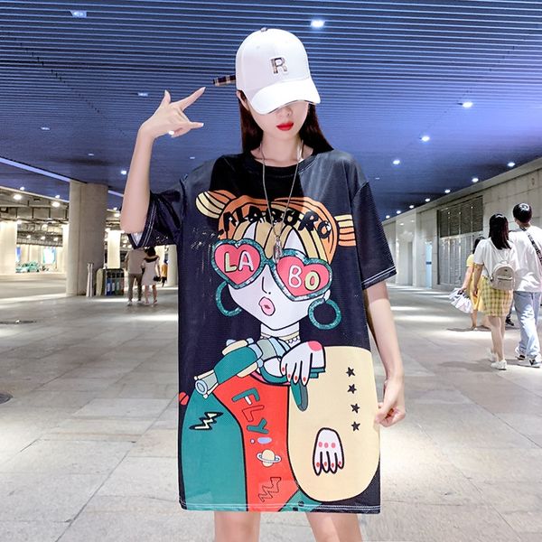 

большого размер сетка t- футболки женские 2020 летних корейской мультфильм красота печати быстросохнущей одежда ice шелковая средней длиной, White