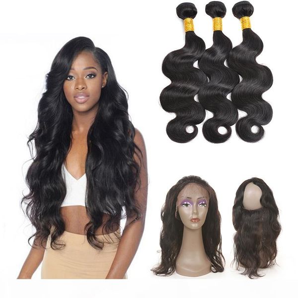 

100% unprocessed virgin brazilian hair body wave with 360 lace frontal wholesale brazilian human hair extensions 360 lace front, Black;brown