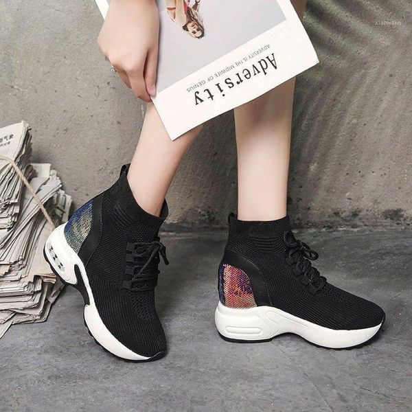 

sock boots woman hided wedge platform female casual shoes 2020 winter new wedge lady knitting short ankle boots platform u1151, Black