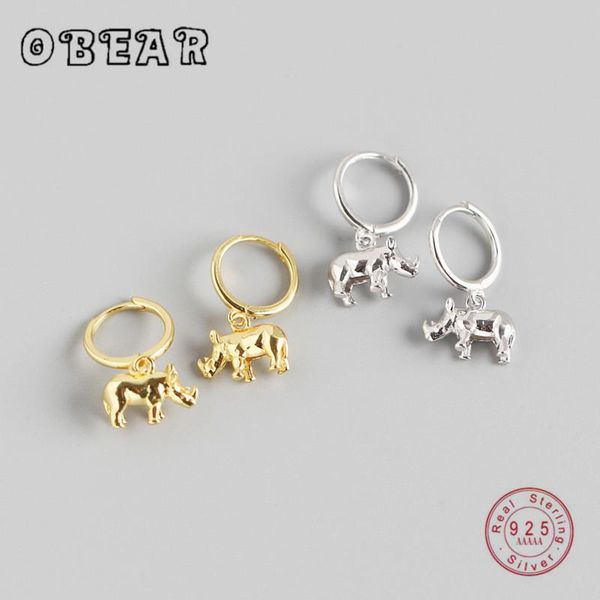 

stud obear 100% 925 sterling silver animal rhinoceros pendant earrings for women jewelry, Golden;silver