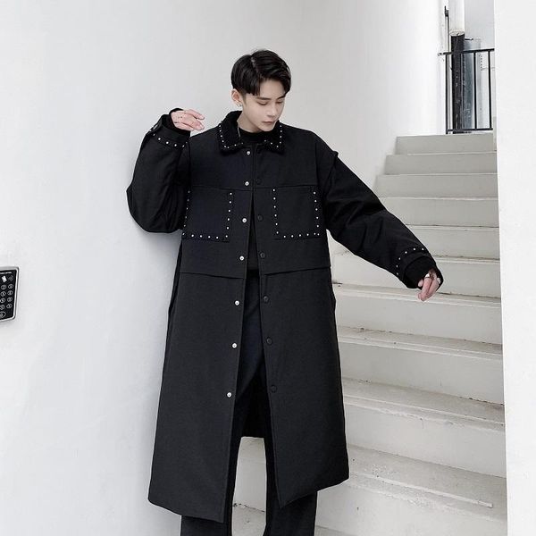 

men's trench coats male streetwear fashion casual black warm jacket overcoat men winter thicken cotton padded rivet long parkas coat ou, Tan;black