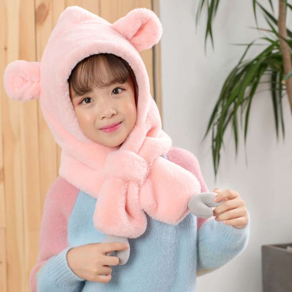 

set new children's scarv hats one two piece plush boys girls princs cartoon ear protection baby's neck in autumn and winter, Red;brown