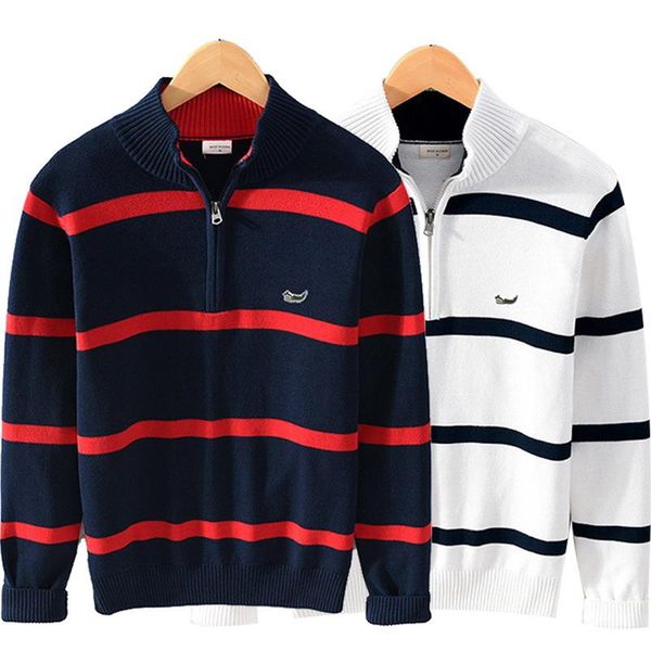 

autumn winter sharkyang embroidery logo men's striped sweaters coat pullovers male thick sweaters stand collar slim fit knitted, White;black