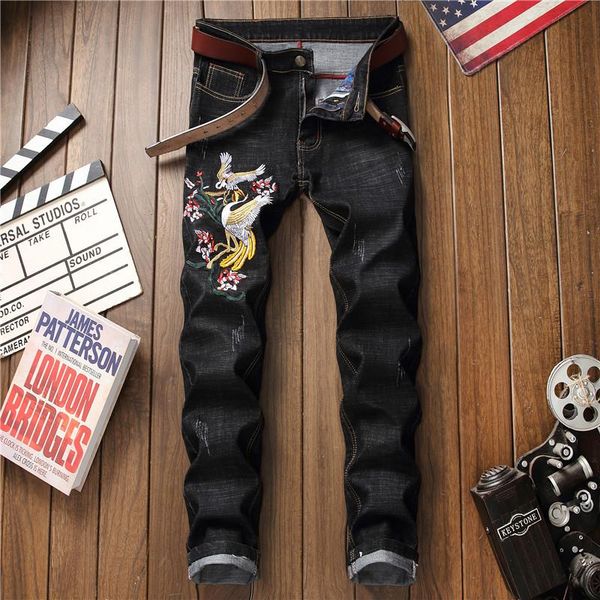 

men's jeans 2c korean fashion personalized embroidery huachao brand broken hole trend retro style beggar's little feet pants, Blue