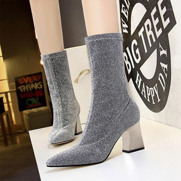 

mid-calf boots new sequined cloth women boots square high heel ladies short booties pointed autumn winter shoes woman1, Black