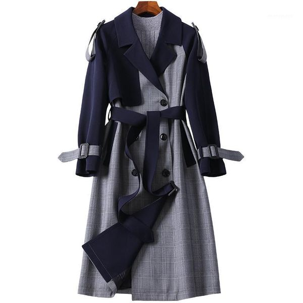 

women's trench coats ladies coat 2021 spring autumn classic double breasted belt plaid long womens windbreakers casual business outerwe, Tan;black