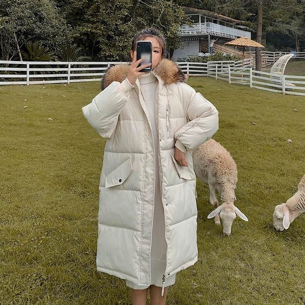 

winter cotton hooded thick long parkas women padded fur collar pocket warm jacket coats female 2021 korean fashion ladies parka, Black
