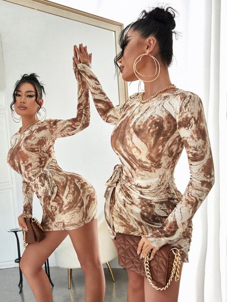 

sxy marble print tie front bodycon dress v3qx#, Black;gray