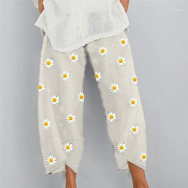 

casual ladies harem pants cute daisy print street loose retro breathable wild fashion mid waist ankle ladies pants1, Black;white