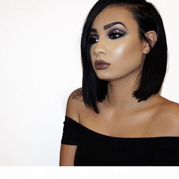 

short bob wigs peruvian remy hair straight lace front human hair wigs for women bleached knots natural hairline, Black;brown