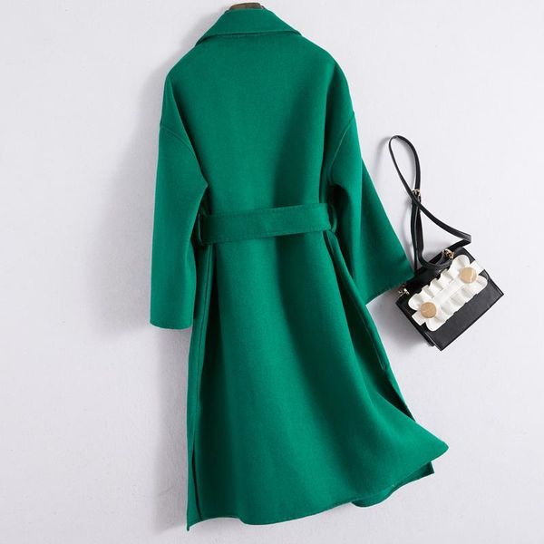 

100% wool coat female fashion ladies both side cashmere long jacket + belt korean elegant slim fit wool coat hiver 110051, Black