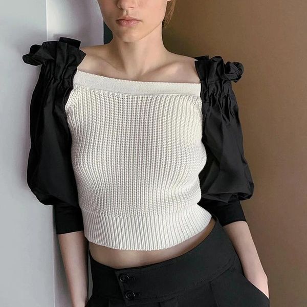 

elegant women patchwork knitting blouses 2020 fashion ladies bomb long sleeve shirts female chic femme girls stylish, White