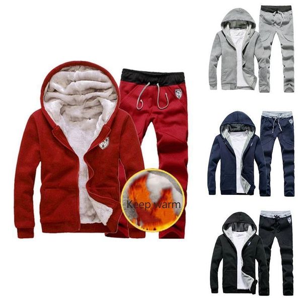 

autumn winter thick men's suits sportswear tracksuit zipper hoodie two pieces set men drawstring hip hop sport sets1, Gray