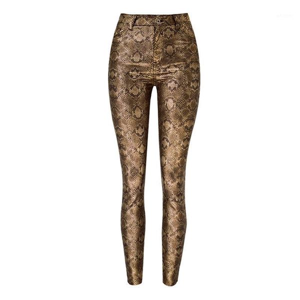 

autumn winter women's high waist gold snake pattern imitation leather pu denim feet pants fashion casual nine points jeans k1801, Blue
