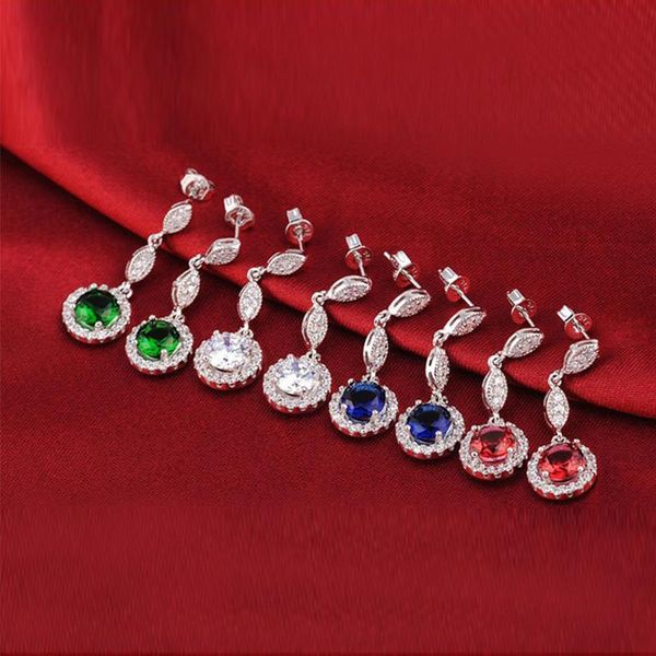 

925 sterling silver red blue green long earrings dangle drop for women party wedding jewelry e495
