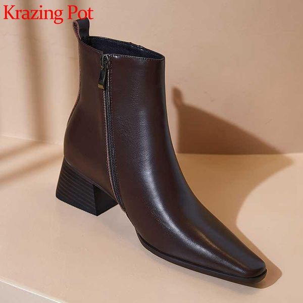 

boots krazing pot genuine leather square toe med heels concise warm winter zipper shoes office lady work dailywear ankle l11, Black