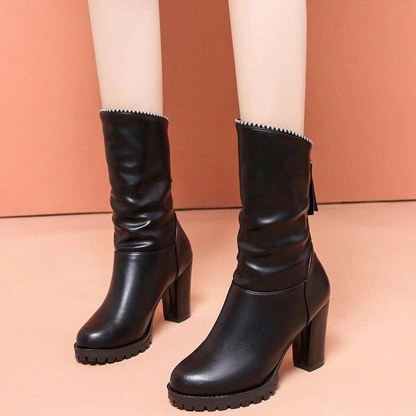 

lucyever women shiny crystal platform mid calf boots ladies pu leather thick high heels shoes fashion pleated office footwear #ms95, Black