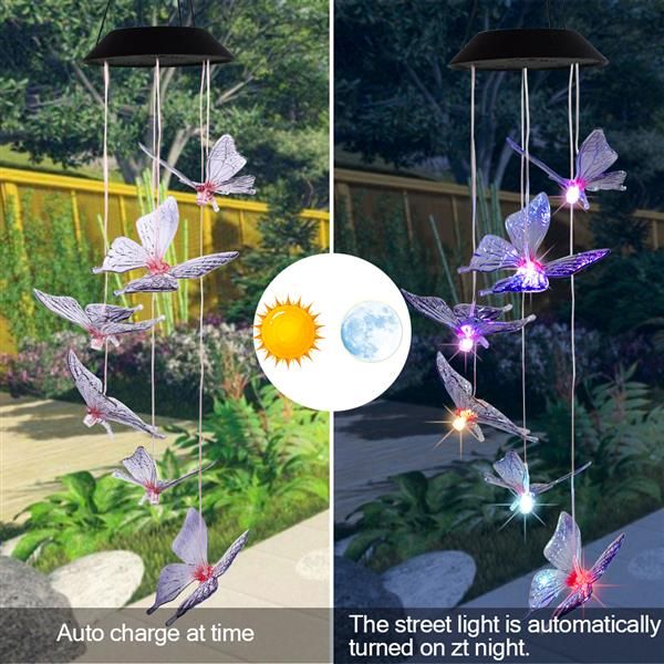 

panel colorful light solar intelligent light control design and color shell butterfly wind chime corridor decoration pendant 6 f5 lamp beads