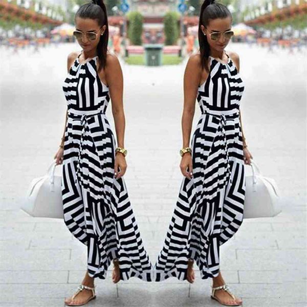 

summer dresses women boho striped sleeveless maxi long beach style strap sundress vestidos, Black;gray