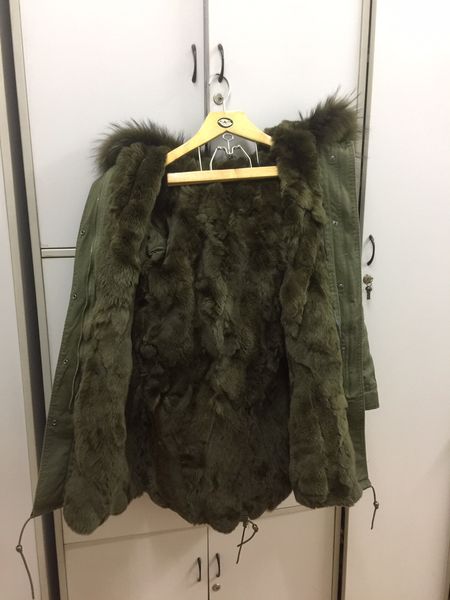 

good feedback army green raccoon fur trim maomaokong army rabbit fur lined dark green long parka winter snow fur coats, Black