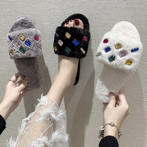 

women slippers indoor shoes crystals winter soft home slippers plush warm non-slip fur shoes flat casual femmes sandales, Black