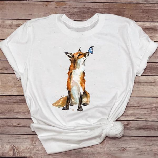 

women t shirts fox kawaii watercolor 90s style short sleeve fashion ladies print graphic t lady shirt female tee shirt, White