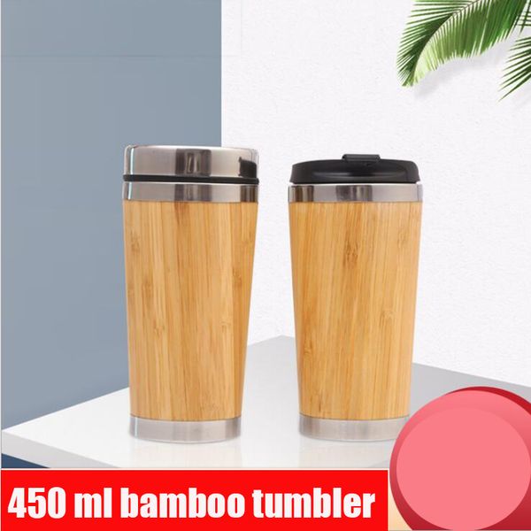 Tazza da viaggio ecologica in bambù riutilizzabile da 450 ml Tazza da viaggio in thermos sottovuoto interno in acciaio inossidabile con tazza da caffè con coperchio antispruzzo