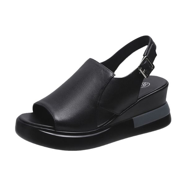 

thick-soled wedge sandal summer high-heeled fish mouth women's shoes soft leather high platform slippers 220315, Black