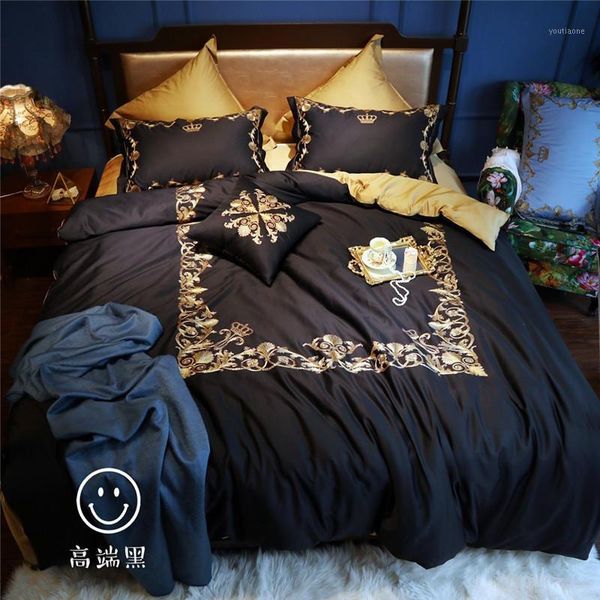 

european styel black with gold embroidery bedding set egyptian cotton duvet cover bed sheet/linen pillowcases 4/7pcs1