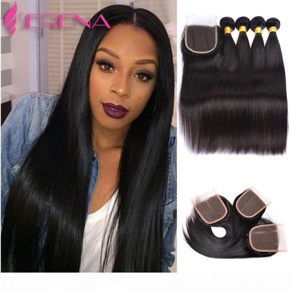 

brazilian virgin straight with closure unprocessed brazilian straight hair 4 bundles with closure brazilian human hair weave serena products, Black;brown