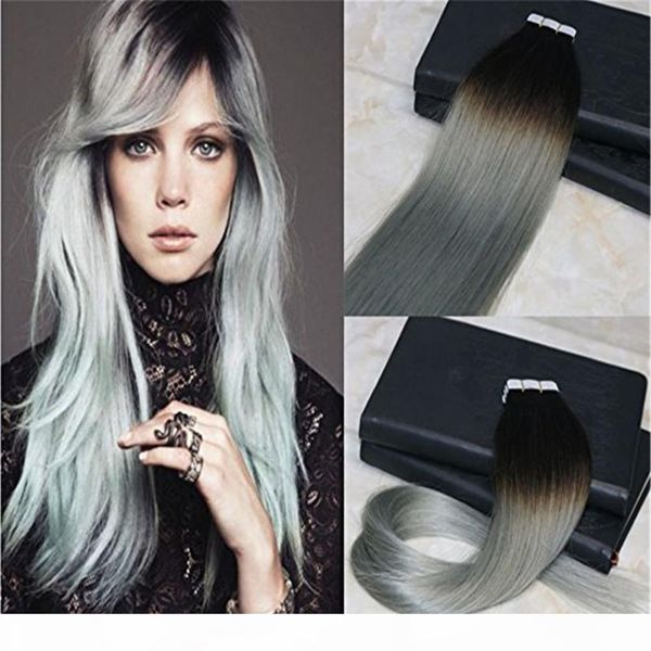 

40pcs 100g silver ombre tape in hair extensions color 1b fading to grey balayage double drawn human hair remy, Black