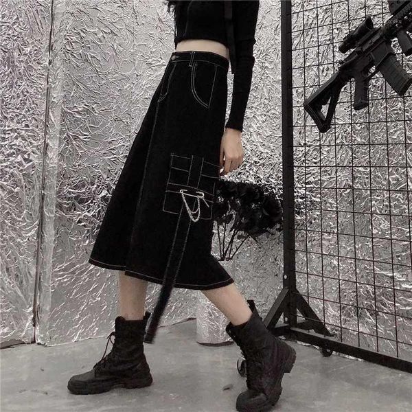 

gothic style ulzzang vintage denim skirt harajuku high waist pocket women tooling fashion street handsome black slim skirt1