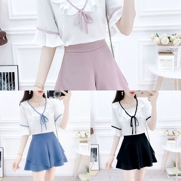 

efoz8 2019 summer new korean waist fashion shirtshorts shirtcontrast color wooden ear lace-up chiffon high shirt style wide leg short, Gray