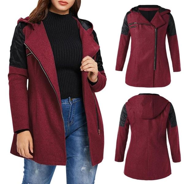 

2020 winter autumn women wool coat warm slim jacket thick patchwork overcoat winter outwear hooded zipper coat manteau femme, Black