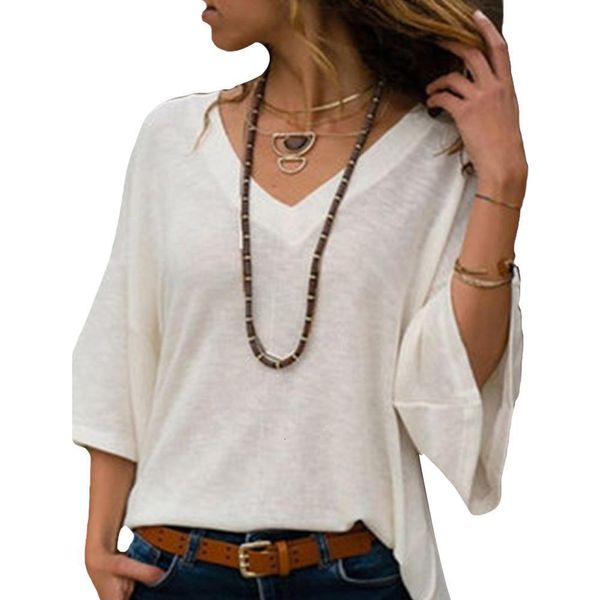 

fashion women solid color v neck polyester 3/4 sleeve loose t-shirt knitwear women's clothing street wear, White