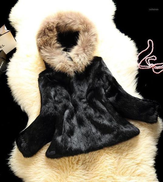 

new women's real genuine natural fur coat with raccoon fur hood girl's fashion jacket warm winter outwear1, Black
